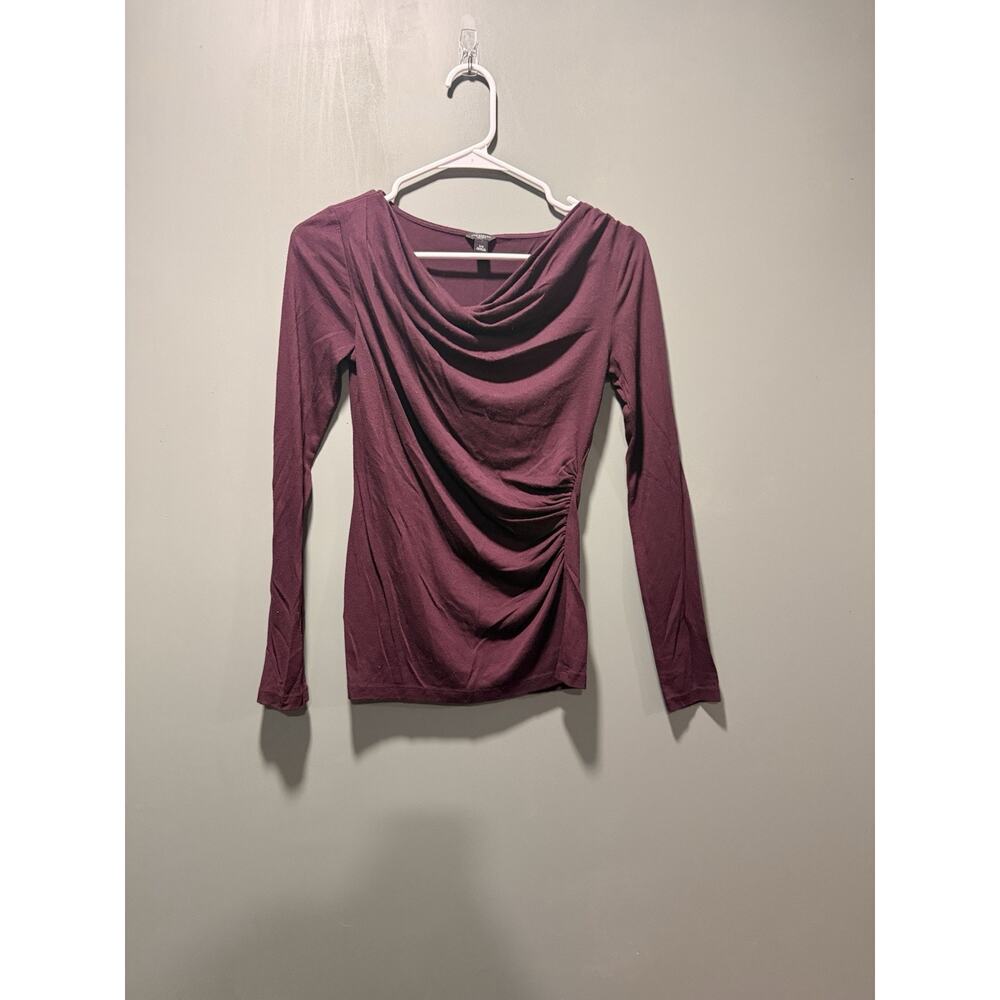Ann Taylor Womens XS Maroon Long Sleeve Drape Neck Rouched Bodycon Blouse